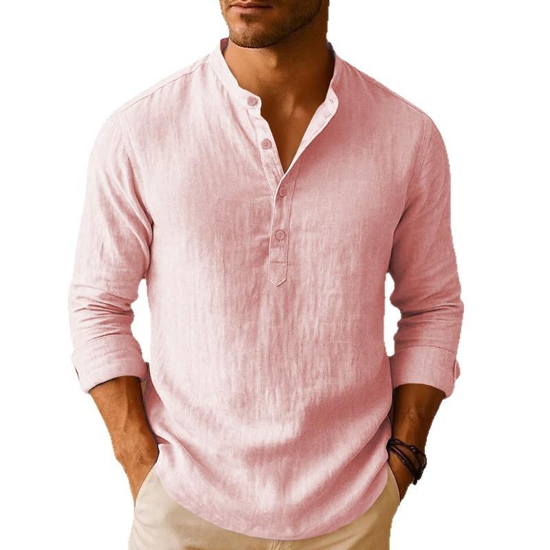 

Men Casual Shirts Lightweight Long Sleeve Henley Cotton Shirts for Beach Linen Shirts Hawaiian Breathable Collar Tops 3XL рожевий