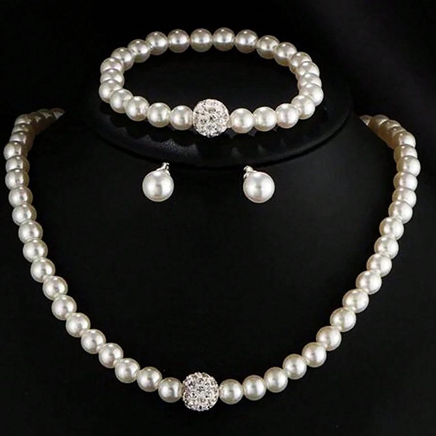 Chic Bride Pearl & Diamond Choker Set: Necklace, Bracelet, Earrings серебряный