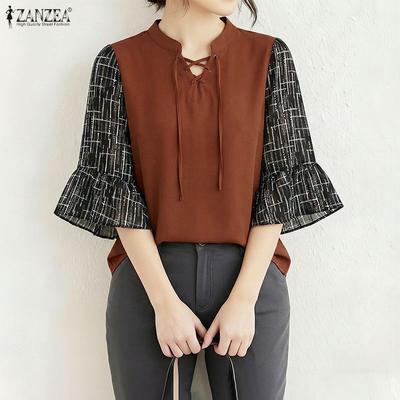 Women Casual V-Neck Splice 3/4 Sleeve Loose Blouse