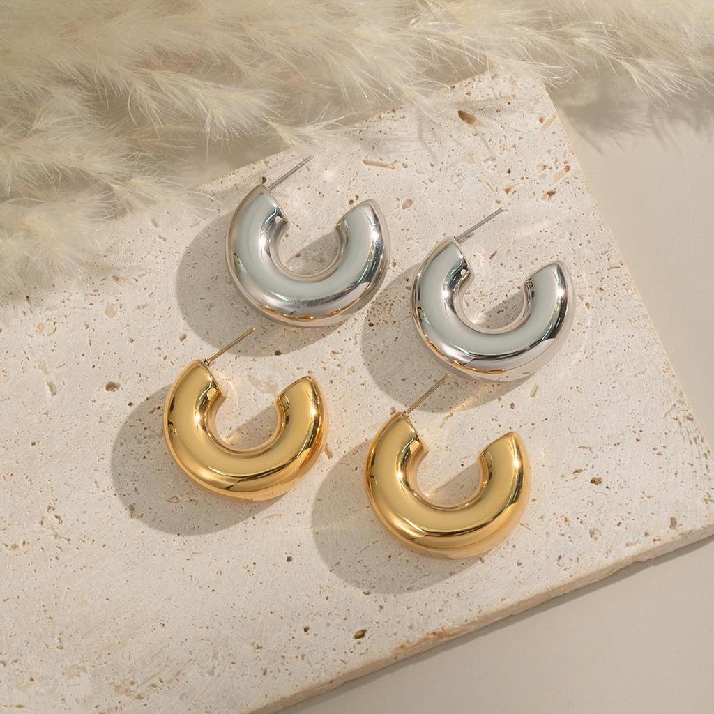 18K Gold Stainless Steel C-Shaped Hoop Earrings - Fashionable, Non-Fading, Versatile Women's Jewelry 