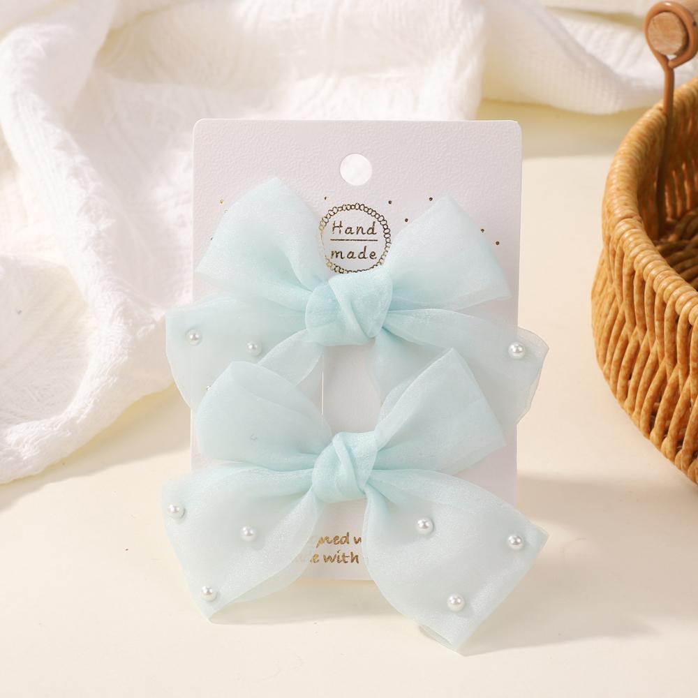 2Pcs/Set Pearl Bows Hair Clips Cute Sweet Girls Side Clip Solid Color Hairpin Handmade with Bow Hair Accessories Headdress Gifts