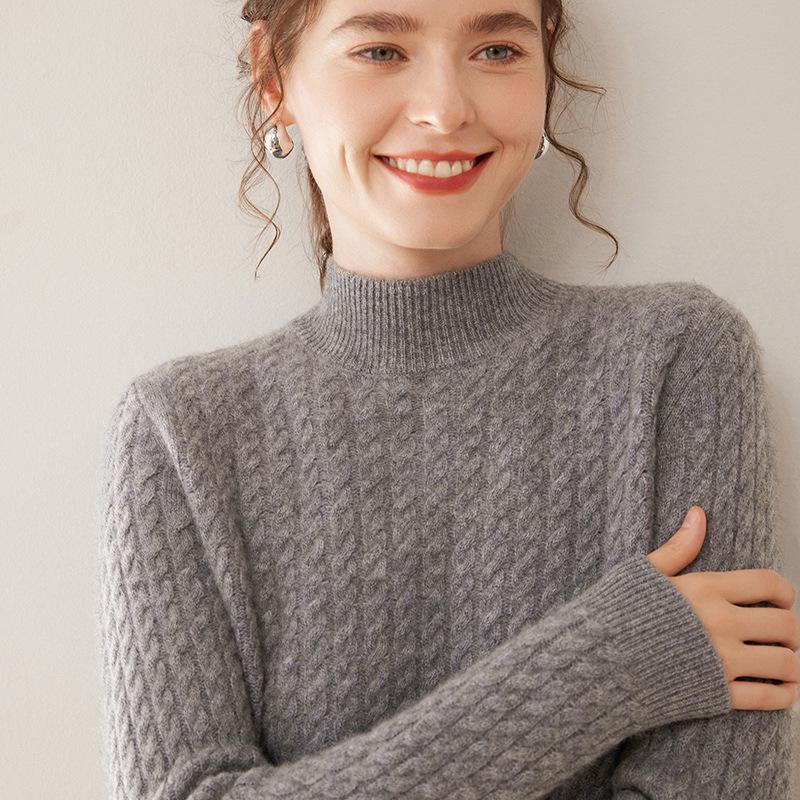 2024 Autumn/Winter Women's High Neck Cashmere Sweater - Thickened Korean-Style Cable Knit Pullover