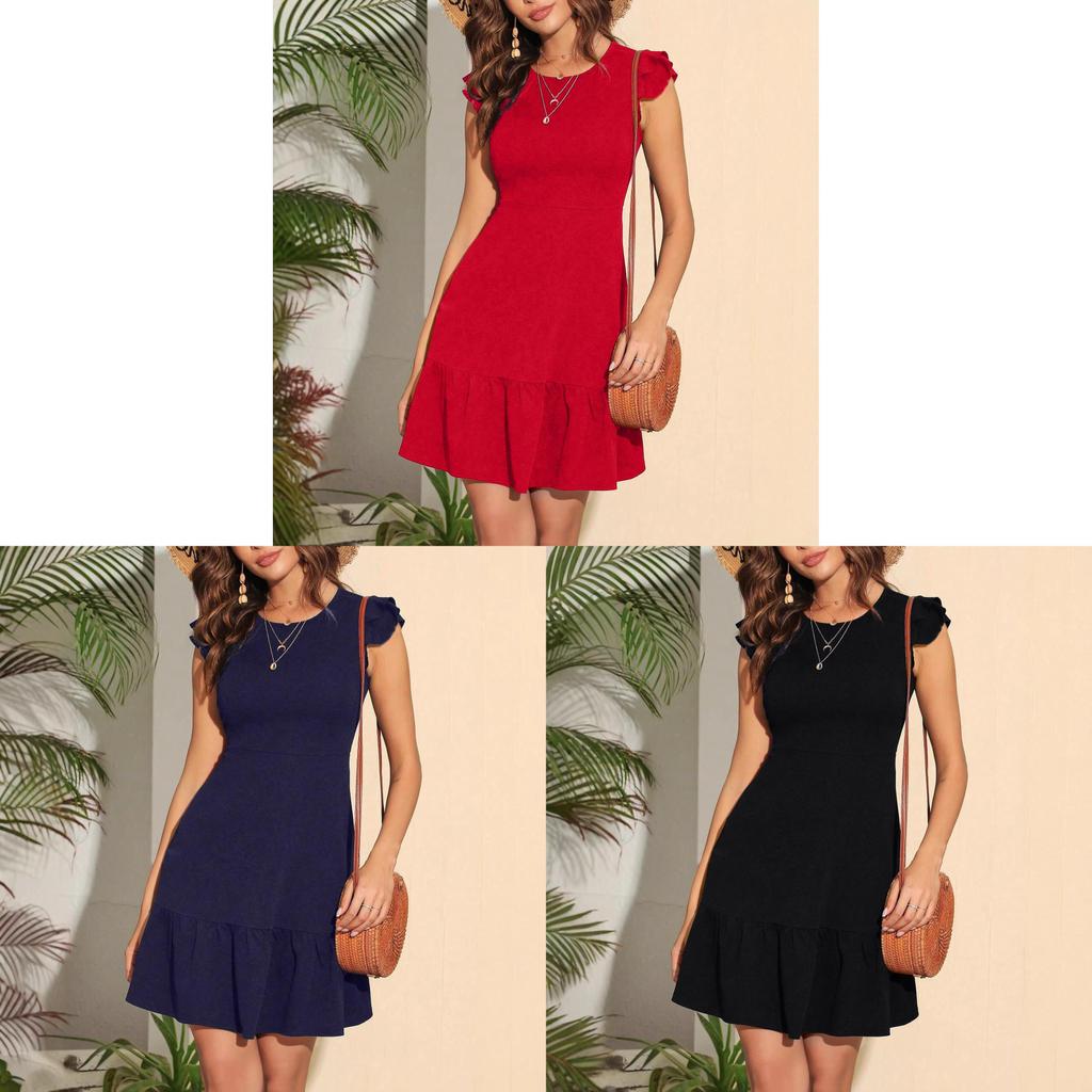 Knit Fabric A Line Dress With Ruffle Sleeves For Summer Beach Vacation