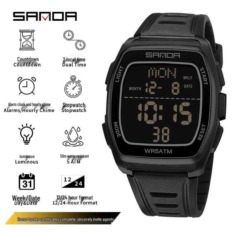 Sanda Wasserdichte Sport-Chronographenuhr für Herren - Multifunktionales Tonnenförmiges Design