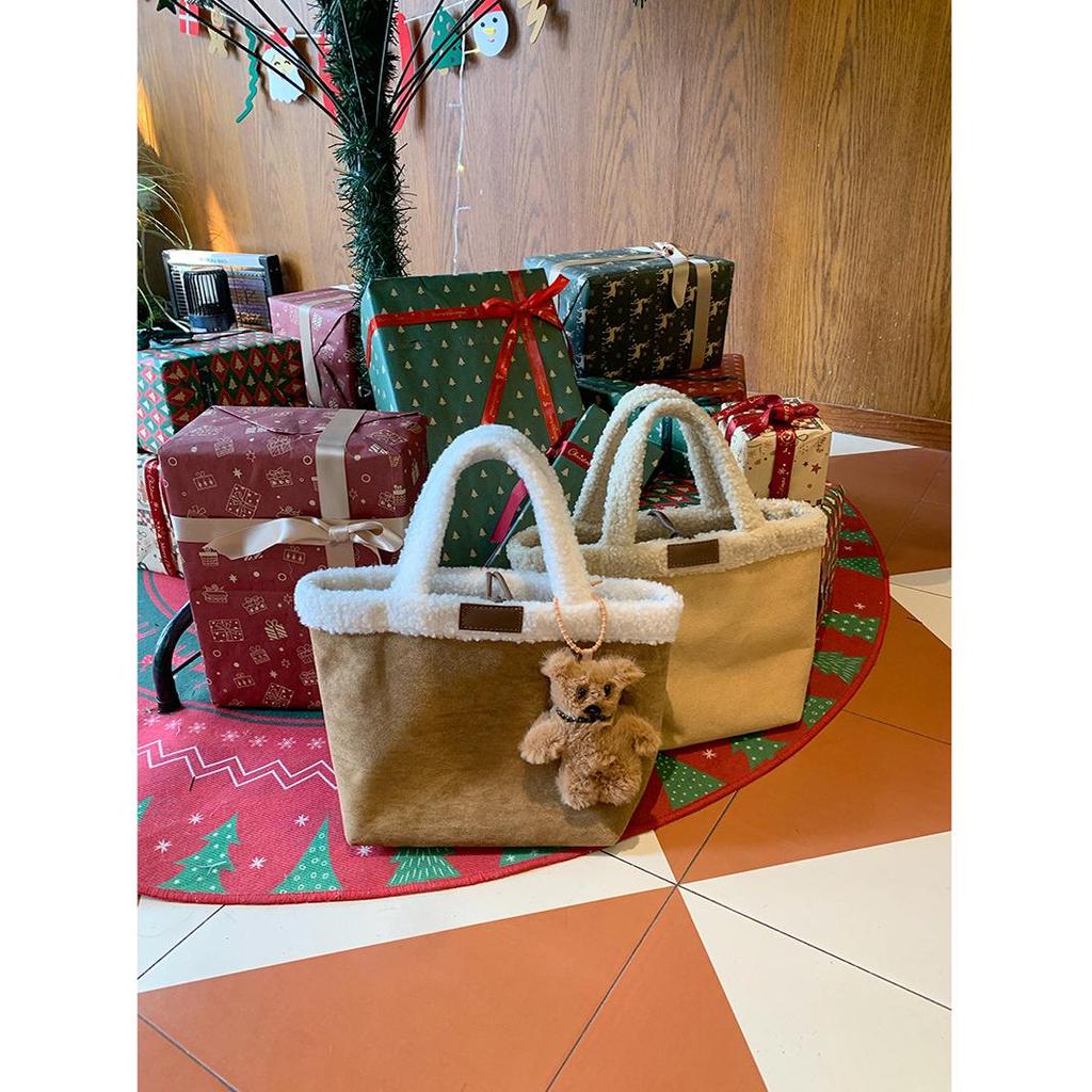 Wełniana torba typu tote z wełny jagnięcej Damska torebka Ciepła zimowa torba Damska dużej pojemności Torba podróżna Japoński styl Kreskówkowy dodatek Torby ręczne