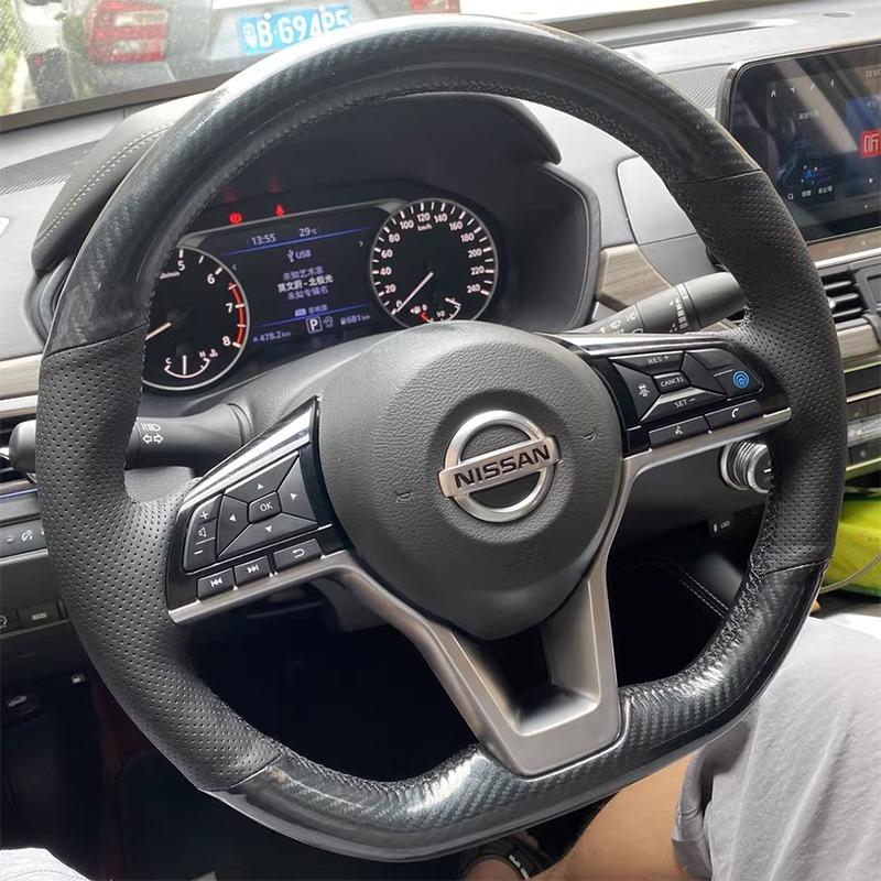 Полностью черная карбоновая кожаная накладка на руль автомобиля для Nissan Kicks Rogue Sentra Altima Sr Qashqai X-Trail Leaf Micra -