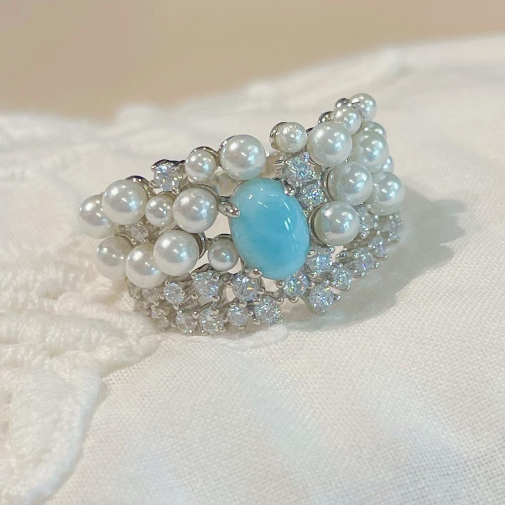 925 Silver-plated High-end Blue Sea Pattern Gemstone Wide-faced Pearl Ring Women's Gold Index Finger Ring Niche Design