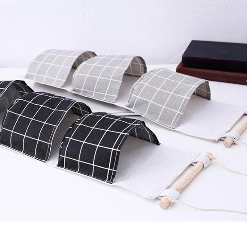 Plaid Cotton Linen Hanging Storage Bag 3 Pocket Door Organizer Wall Mount Pouch for Bedroom Bathroom Storage Holder