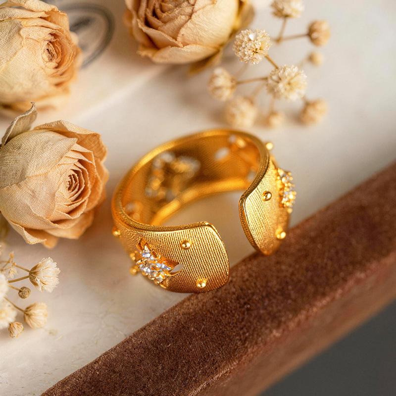 Comfortable Wearing Brushed Diamond-Studded Open Ring For Women 24K Gold Au999 | Smooth Edge, Pressure-Free All Day