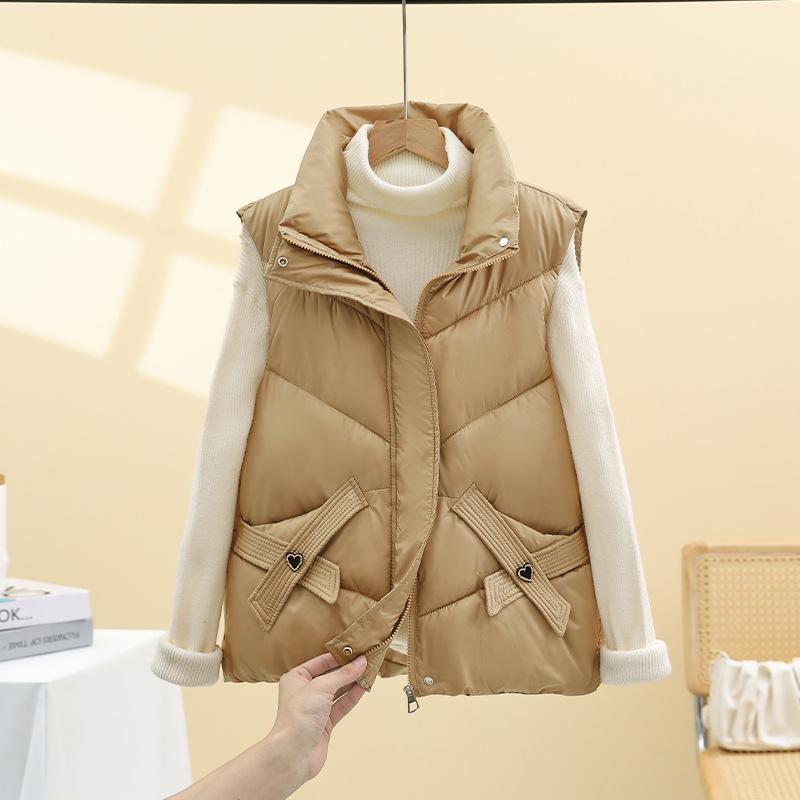 Down Cotton Vest Women's Outer Wear European Rhombus Fashion Pocket Zipper Cotton-padded Jacket Vest Autumn and Winter New