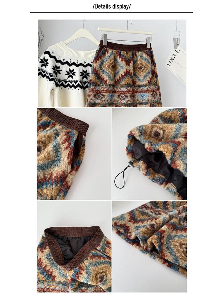 Women's Fair Isle Retro Polar Fleece Mid-Length Umbrella Skirt for Autumn/Winter