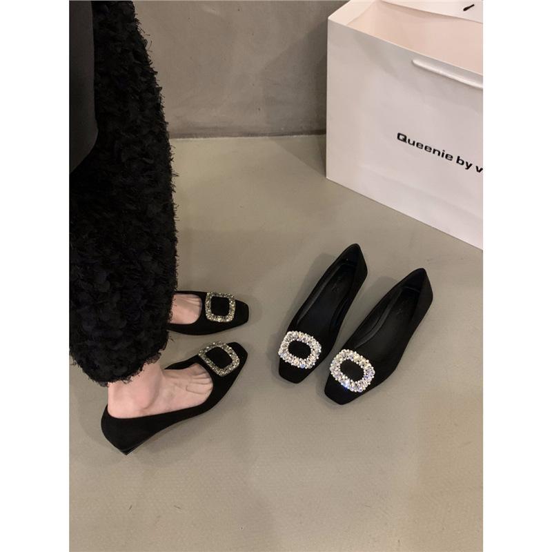 High-heeled Square-headed Rhinestone Single Shoes Women's Shoes 2025 New Autumn and Winter Black Temperament Thick-heeled Commuter Shoes