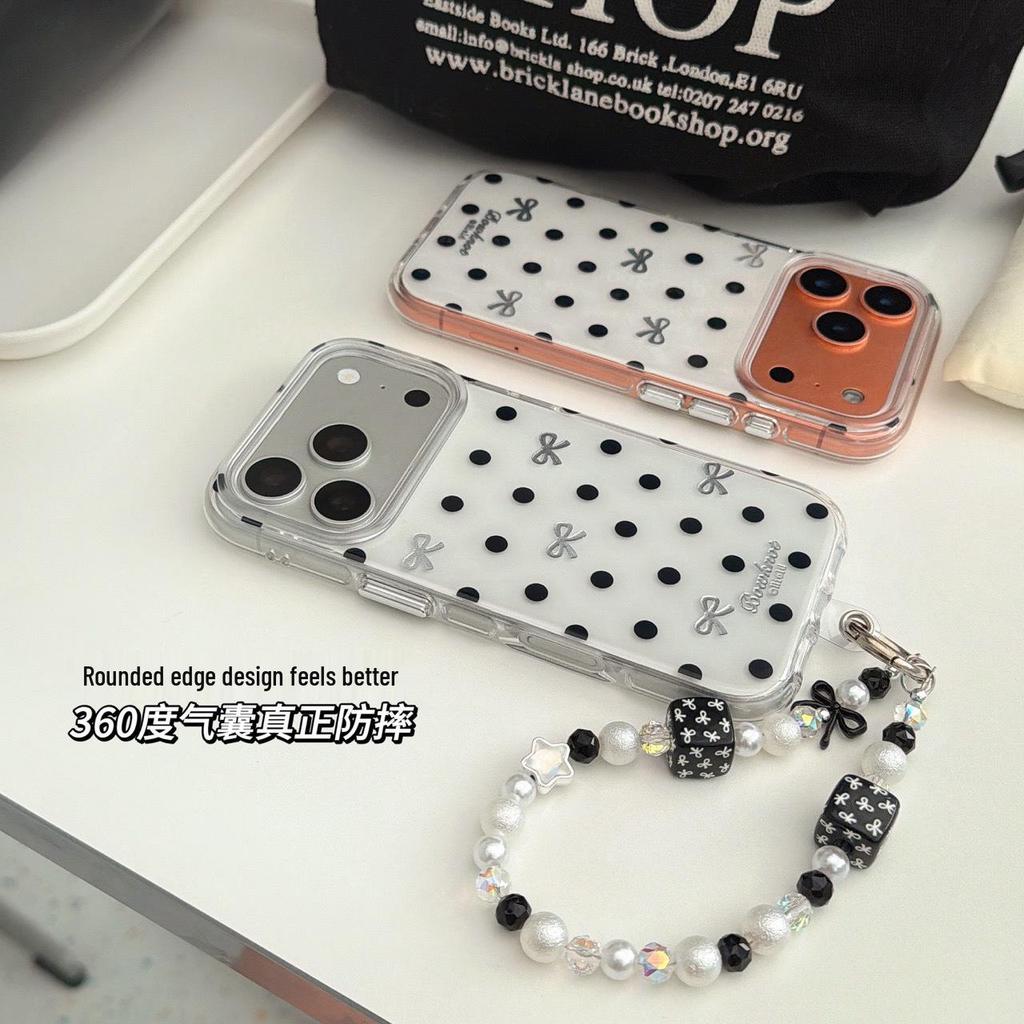 Simple Black and White Polka Dot Bow Phone Case for iPhone 17 Pro Max/16, Double Layer Design for Models 15/14.