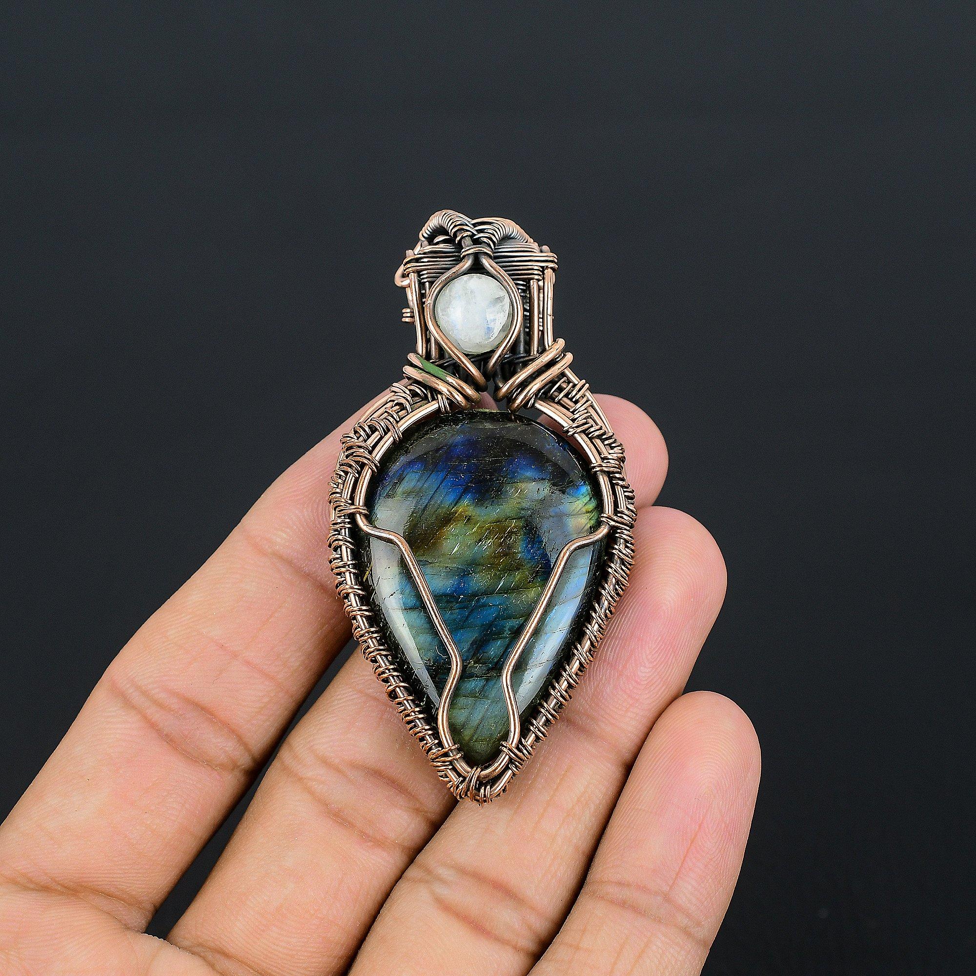 

Labradorite & Rainbow Moonstone Pendant, Handmade Gemstone 999 Copper Wire Wrapped Pendant Antique Jewelry, For Gift Silver Jewelry 3.88 Inches