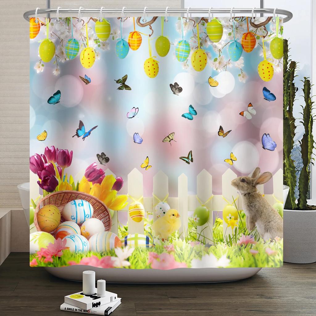 Spring Easter Shower Curtain Happy Rabbit Bunny Eggs Flower Garden Floral Holiday Waterproof Bathroom Shower Curtain With Hooks