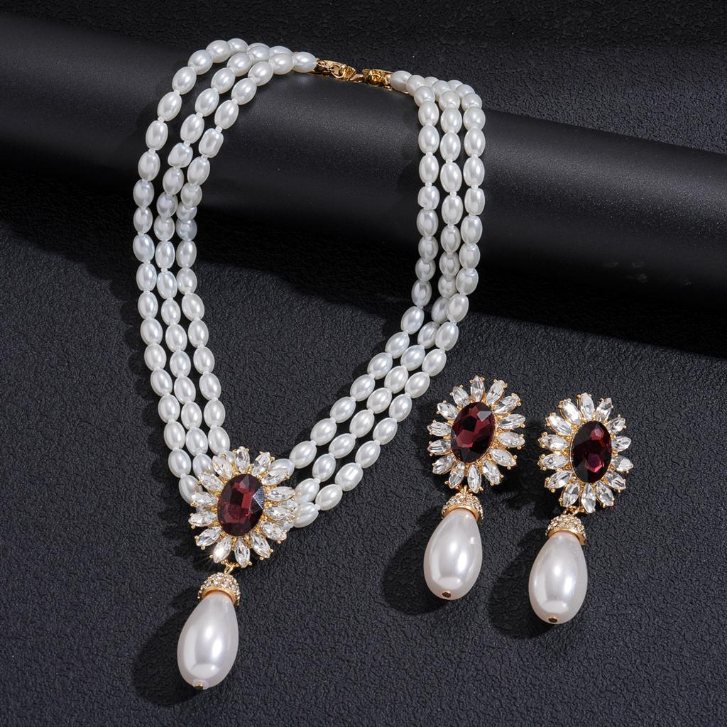 Diamond-set Imitation Pearl Flower Water Drop Necklace Elegant Fashion Accessories