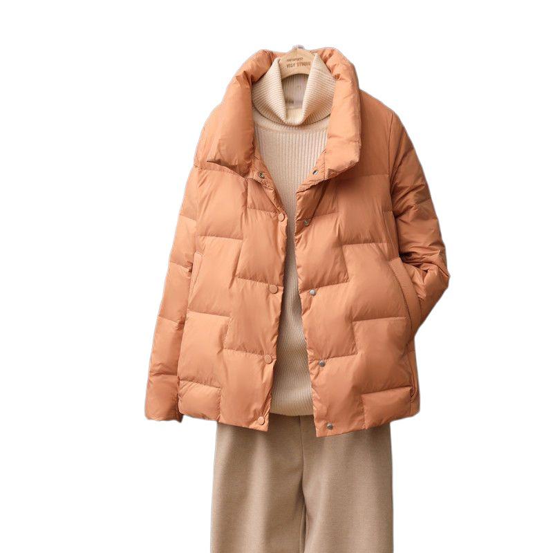 Women's Petite White Duck Down Short Jacket - Fashionable Stand-up Collar, Autumn/Winter, Loose Bread Style, Warm Coat.
