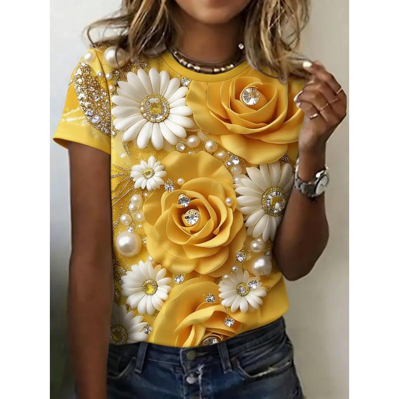 Fashion Women's Crew Neck T-Shirt 3D Flower Color Printing Short Sleeve
