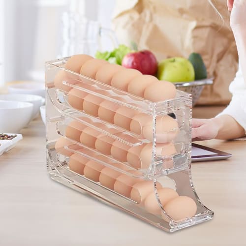 Refrigerator Egg Holder, Sliding Egg Storage Box, 4-Tier Automatic Rolling Egg Storage Shelf, Holds 30 Eggs, Egg Case, Egg Organizer, Egg Storage Case