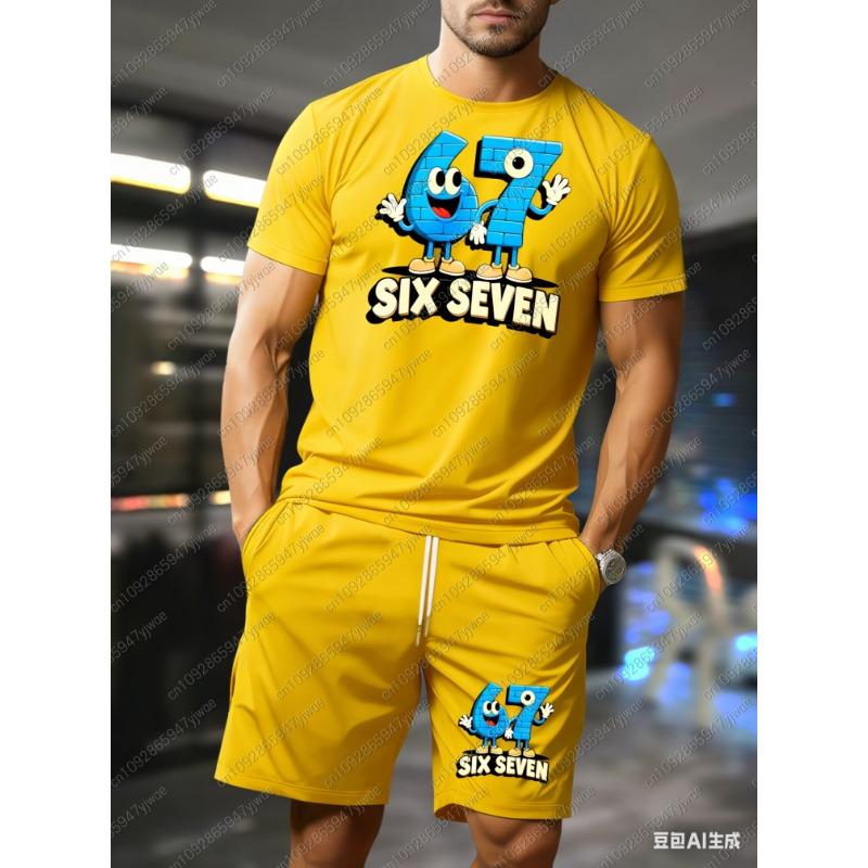2026 Summer Men 2pcs Set Mens Six Seven 67 Pattern No Denim T-Shirt Shorts Set Adult Men Jogging Plus Size Tracksuit 2 Piece Set