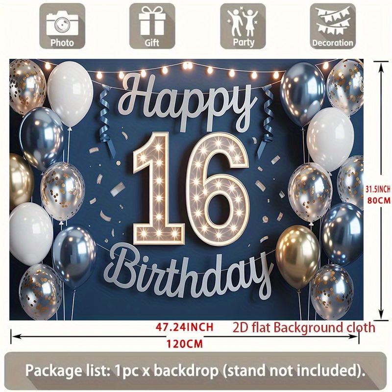 Happy 16th Birthday, 1pc Polyester Party Backdrop Banner, Photo Booth Background, Wall Decor