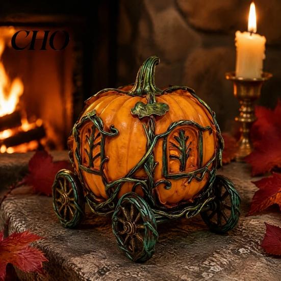 Fall Themed Room Accessories 3D Resin Pumpkin Carriage Ornament, Retro Fairy Tale Cart Dreamy Niche Gift for Her Figurine, Vintage Desktop Decoration