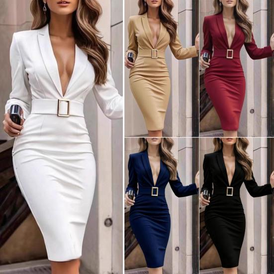 Women's Work Dress Long Sleeve Deep V Neck Bodycon Sheath Suit Dress Church Teacher Business Office Outfit with Square Buckle