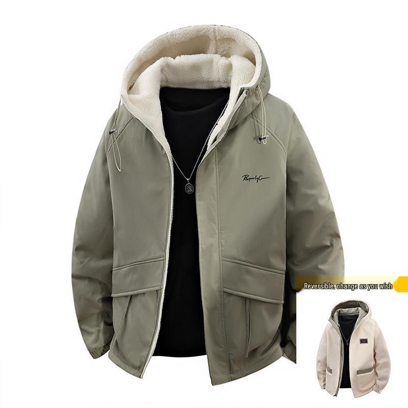 Men's Green Lambswool Hooded Jacket: Double-Sided, Casual, Velvet-Lined, Autumn/Winter Coat.