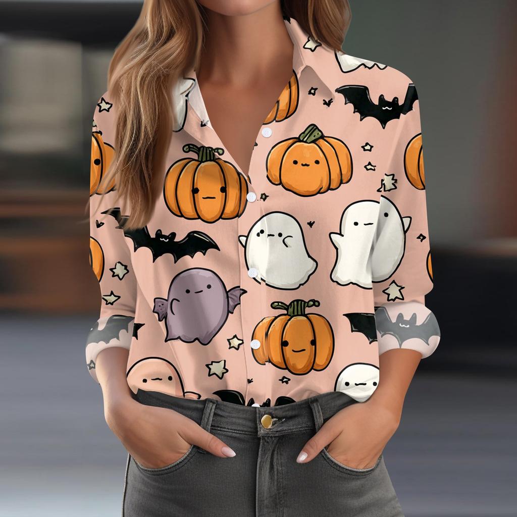 Damen Halloween Bedrucktes Lässiges Halbgeöffneter Kragen Langarmhemd