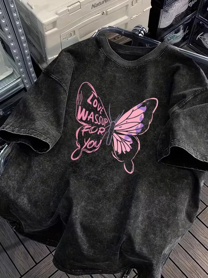 Summer Fashion Vintage West Coast Blue Butterfly Print TShirt YK Casual Loose Fit Crew Neck Butterfly Tee for Men Women S
