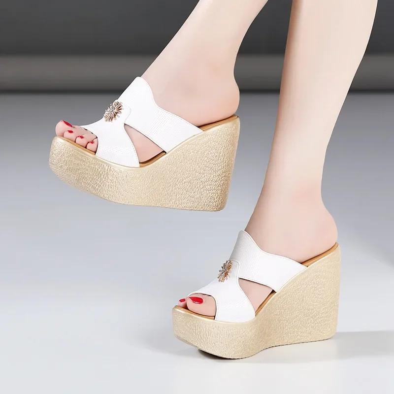 

8cm 11cm Small Size 32-43 Comfortable Soft Leather Slippers Platform Shoes Summer 2025 High Heels Wedges Slides Office Beach Mom 32