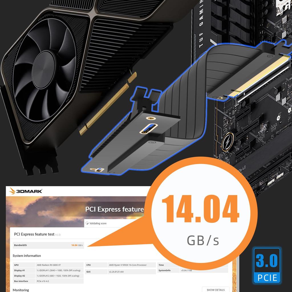 Glotrends 200mm PCIe X16 Riser Cable Is Designed for PCIe GPUs Such As GeForce RTX 10 Series and AMD Radeon Fury 3.0 Low-end 3.0 20/GTX 16/GTX