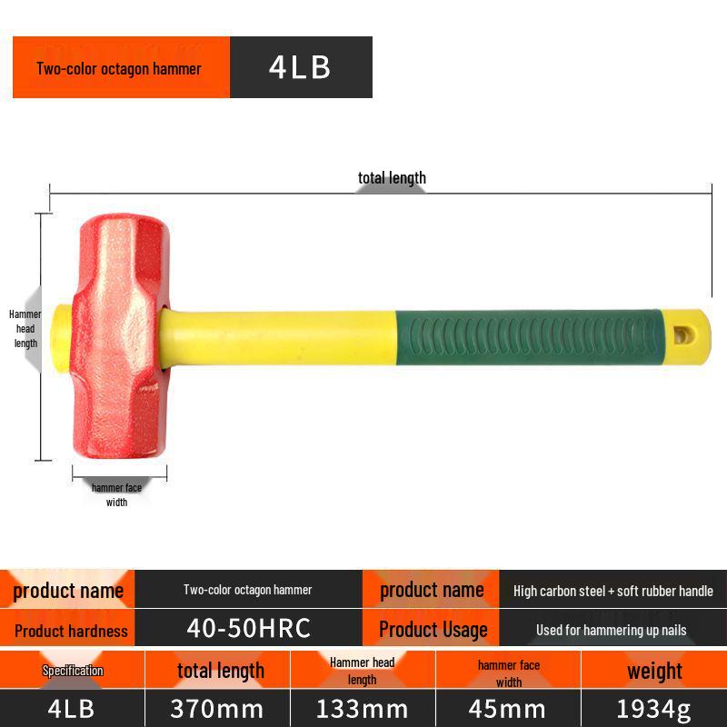 Osmihranné kladivo se čtvercovou hlavou s dřevěnou rukojetí, ideální pro těžké demoliční a zednické práce.