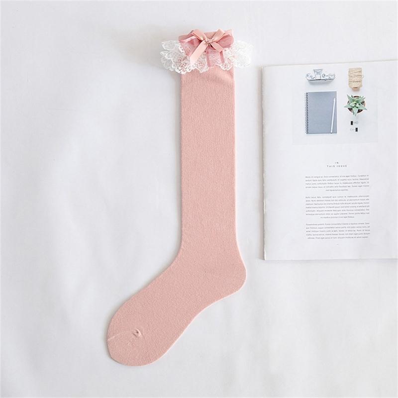 Women Japanese Style JK Ruffle Lace Trim Calf Long Socks Sweet Bowknot Princess Cotton Knee High Socks Stockings Hosiery