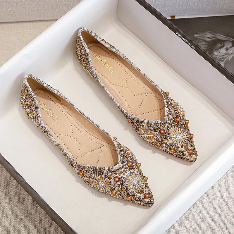 Ethnic style single shoes women's summer 2025 new rhinestone metal printing shallow mouth pointed flat bottom large size women's shoes 41-43