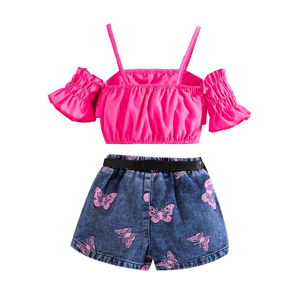 New Summer Girls' Denim Vest Top + Suspender Underwear + Green Pleated Skirt + Belt Four-piece Set