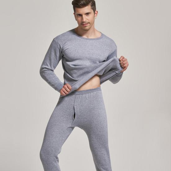 2 Pcs/Set Winter Men Thermal Underwear Set Round Neck Long Sleeve Warm Thick Pure Color Slim Fit Elastic Open Crotch Men Pajamas Set Homewear Clothing