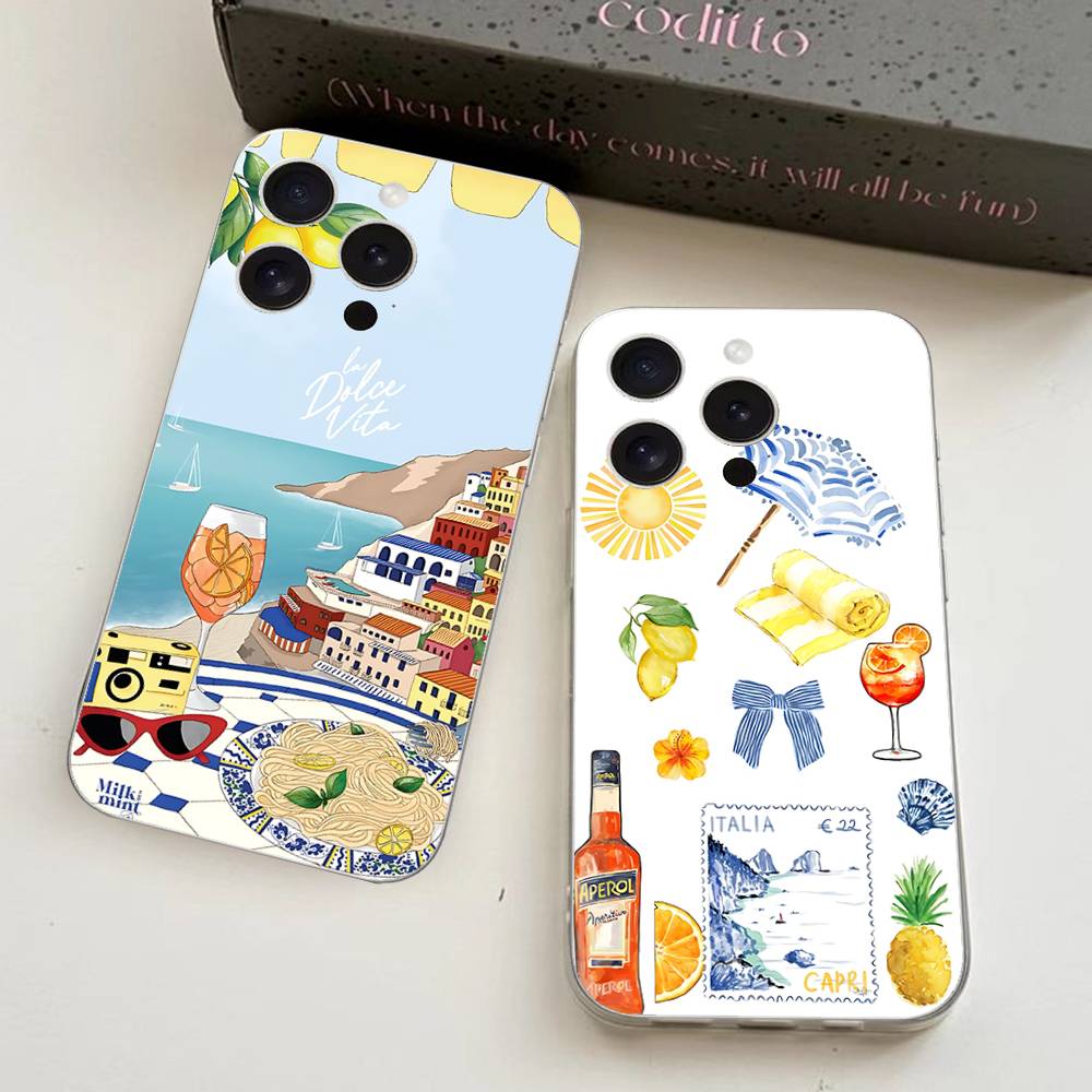 Seaside Scenery Wine Lemon Phone Case For iPhone 17 16 15 11 12 14 13 Pro Max Mini X XS XR 7 Plus 17E Shockproof Cover Fundas