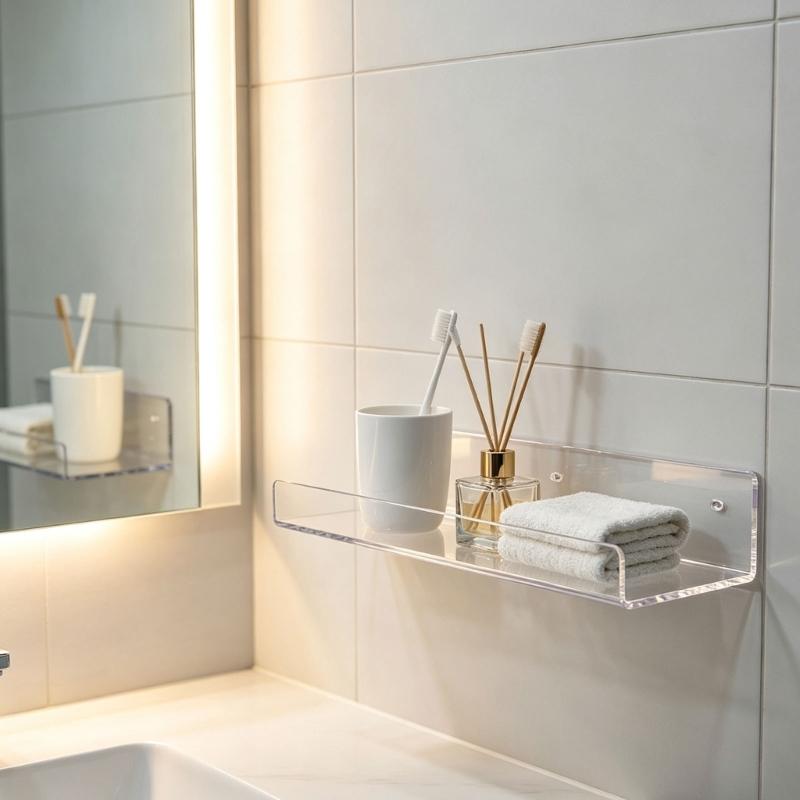 Floating Shelf Set of 2 for Bathroom and Bedroom Wall Use, Acrylic Storage Shelves with Open Access Form for Daily Use