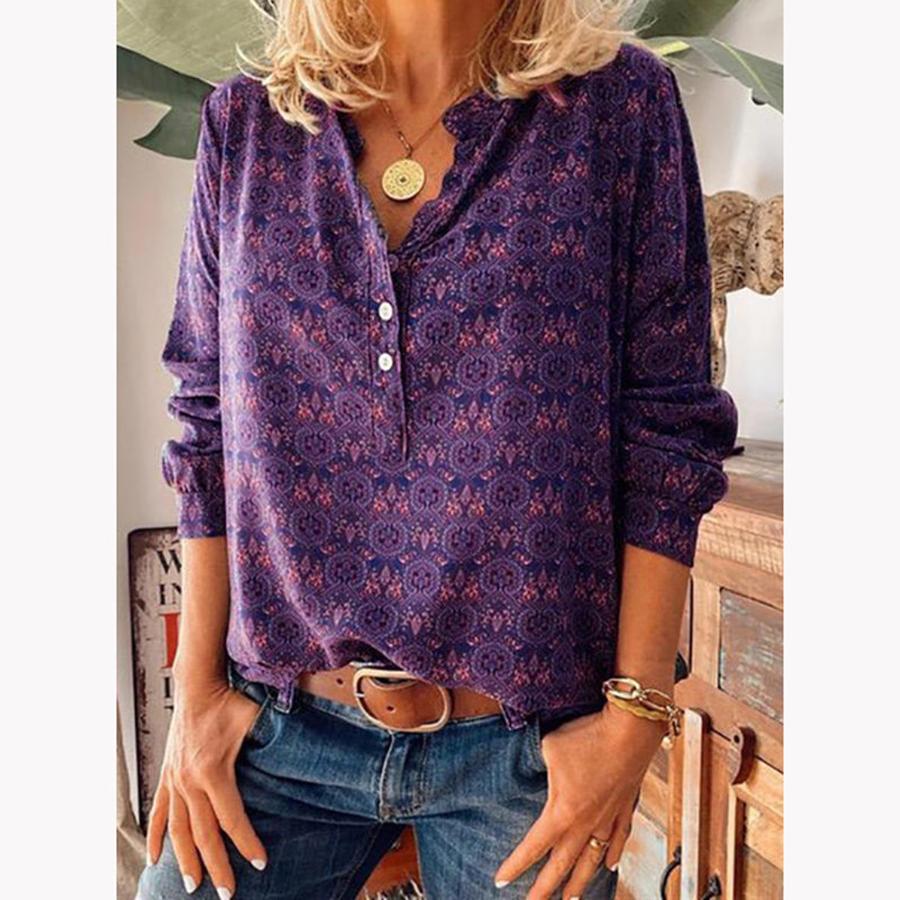 Hem Neuer Stil Damen Frühling Herbst Retro Bedrucktes Langarm Lockeres Hemd
