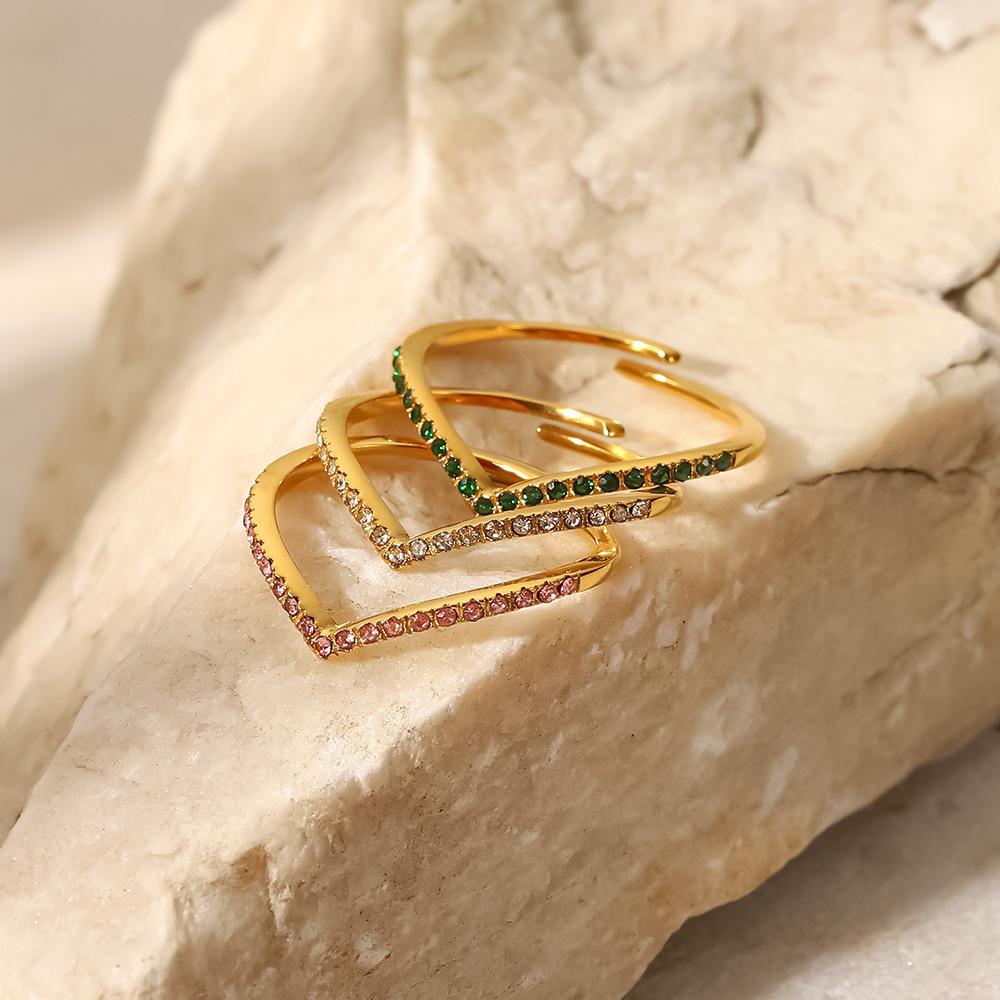 Stylish Trendy And Geometric Ring With 18k Gold And Vshaped Greenpinkwhite Zircon Stones Ins Fashion Accessory