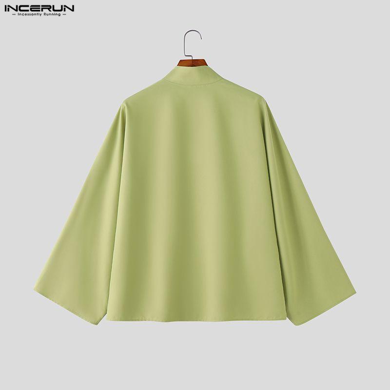 INCERUN Camicie Casual da Uomo Oversize con Collo Stretto a Manica Lunga e Bottoni Laterali Top