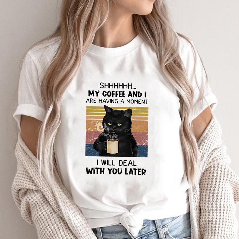 (Asian Size) Graphic Tee Women's Cat Books Love Sweet Trend Fashion Casual Print Short Sleeve Summer Top Ladies Female T Clothing T-shirt