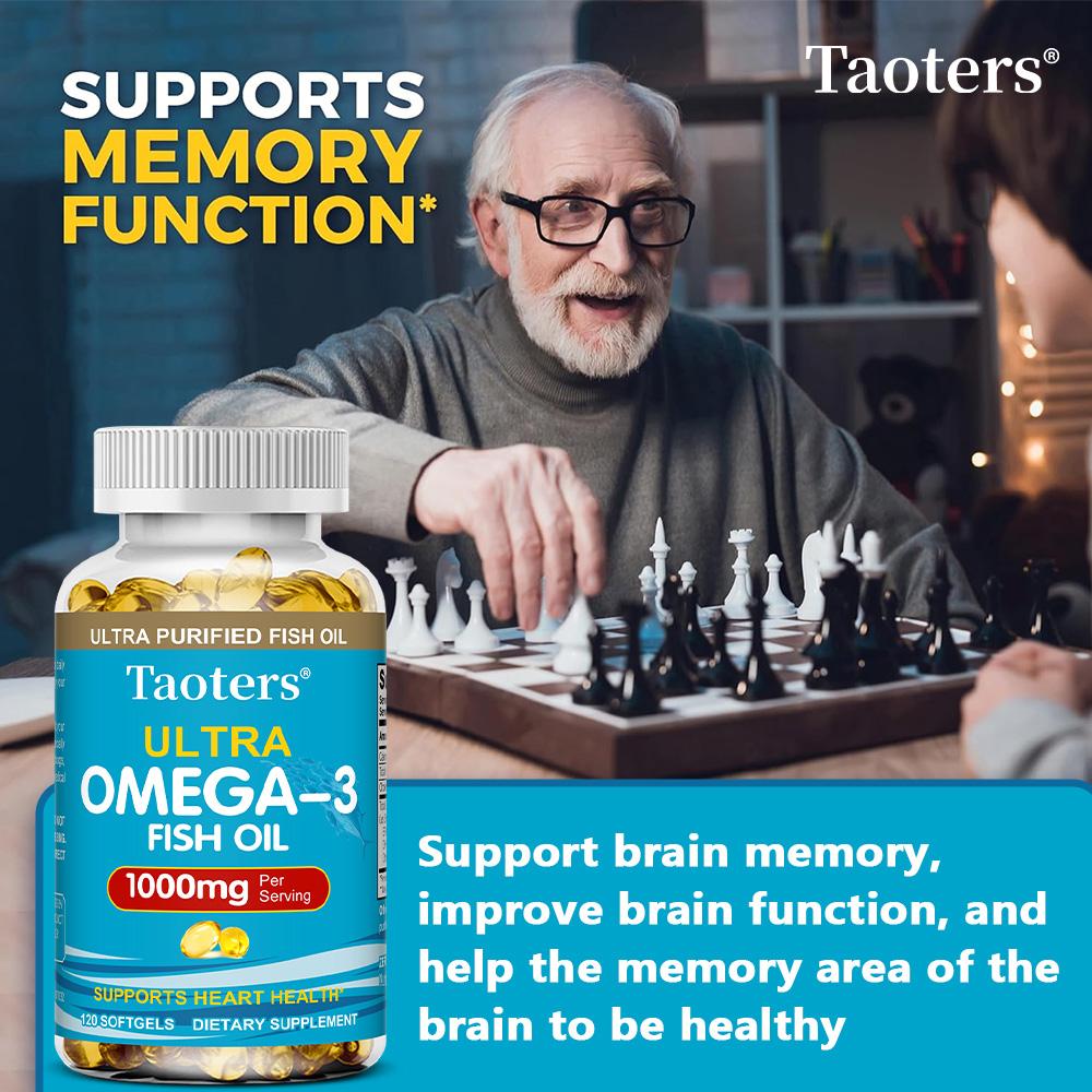 Capsule Molli di Olio di Pesce Ultra Omega‑3, Integratore da 1000 mg EPA DHA, 120 Capsule Molli Fornitura per 60 Giorni, Non OGM