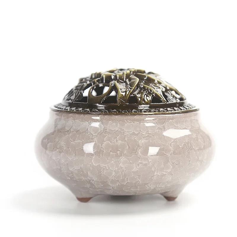 Ice Crack Coil Incense Burner with Fire Cotton Pad 4 Hours Ceramics Incense Cone Censers for Home Decor Ornaments Simple Ashtray 7