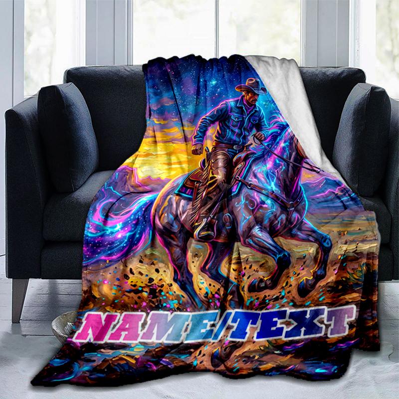 1PC Custom Name Cowboy Horse Sunset Flannel Blanket Versatile,all-season Throw Suitable for the Living Room,bedroom,camping,travel,and Gift