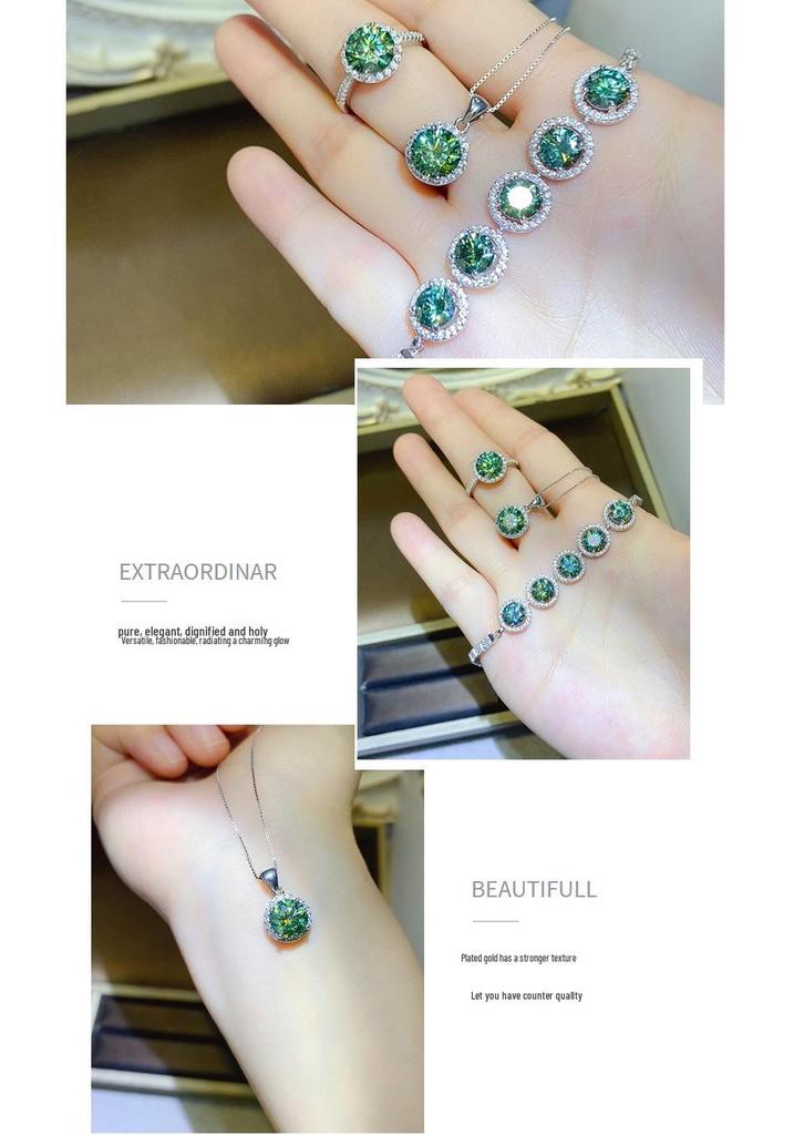 Luxury Green Moissanite Four-Piece Set: Ring, Pendant, Earrings, Bracelet in Classic Fashion