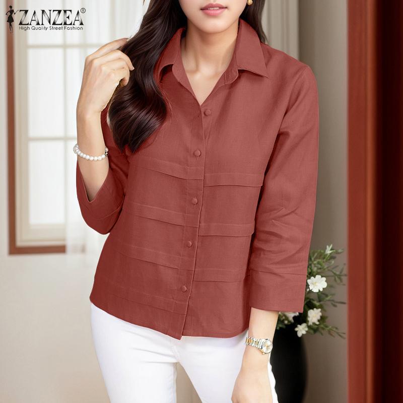 ZANZEA Blouse ample décontractée à manches 3/4 et col classique pour femme