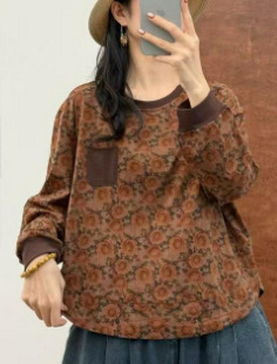 Women's Casual Spring Print Long Sleeve Cotton Pullover Top