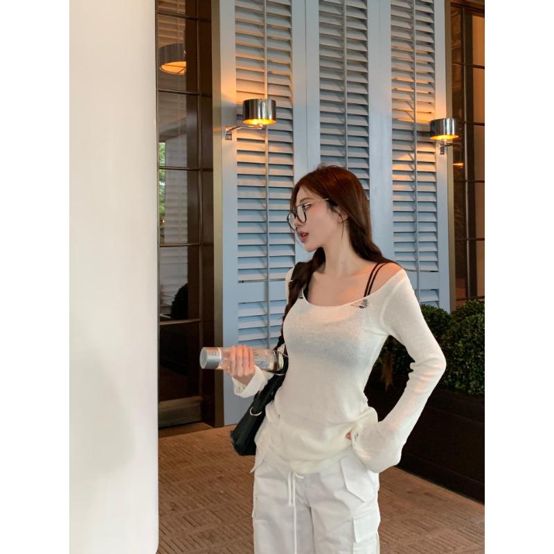Koreanisches Süßes Langarm Lochstrick T-Shirt Damen Dünner Sonnenschutz Kittel Slim Slim Einzigartige und Schicke Bluse